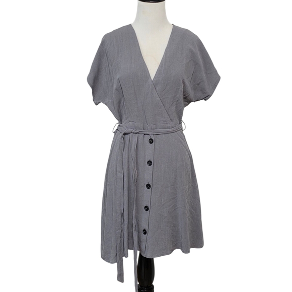 SADIE & SAGE Anthropologie gray linen mini dress, short sleeve rayon wrap V neck - Picture 1 of 6